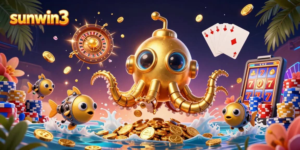 Experience thrilling gameplay with sunwin3's stunning illustration of a golden kraken and sparkling casino elements.