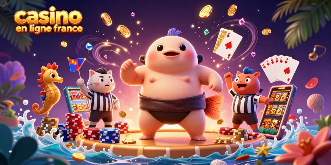 Illustration d'un fugu en sumo et un arbitre poisson-chat au casino en ligne France.