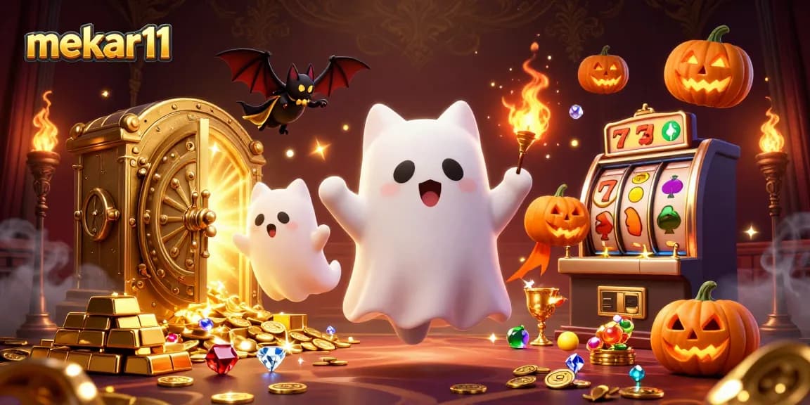 Mekar11 brings excitement with a playful ghost cat and vampire bat in a haunted casino setting.