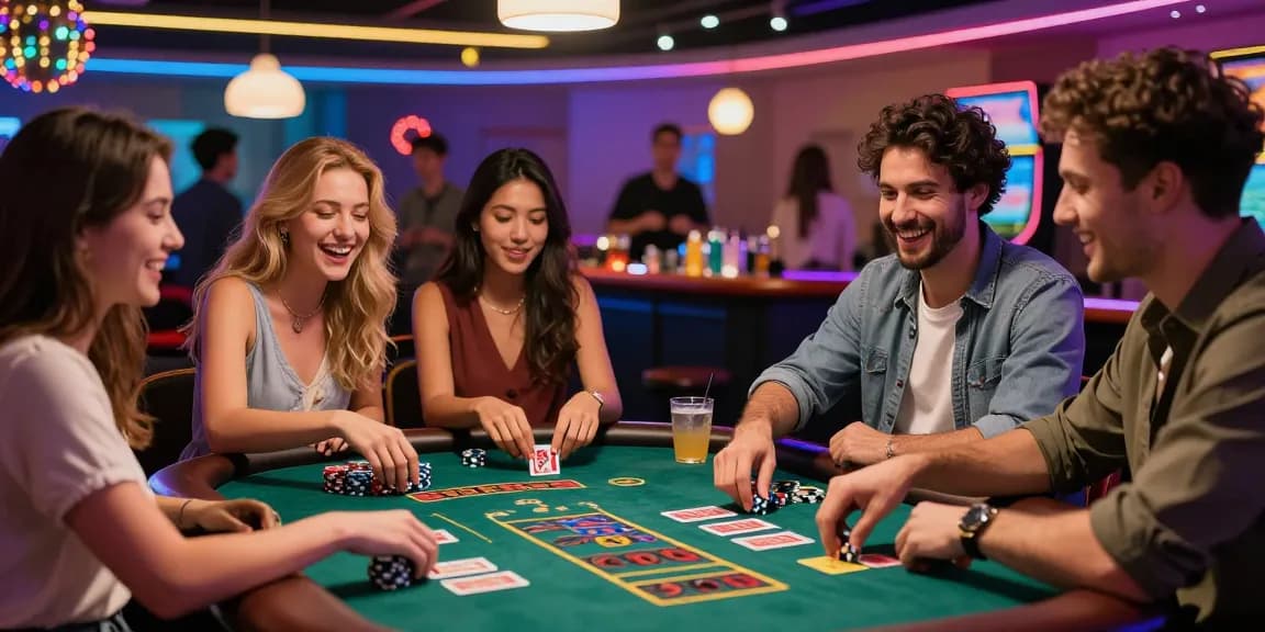 Exciting scene of friends enjoying Spanish casino guest posts and gaming together, highlighted by vibrant casino lights and decor.