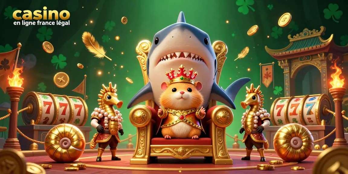 Illustration du roi hamster sur son trône de dent de requin à casino en ligne France légal, avec ambiance royale et éléments de jeu.