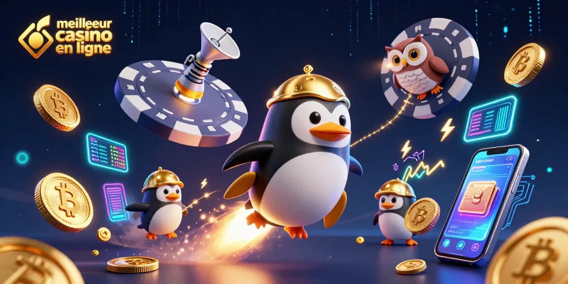 Célébrez le meilleur casino en ligne avec un pingouin en or sur fusée et une station spatiale de jeu.