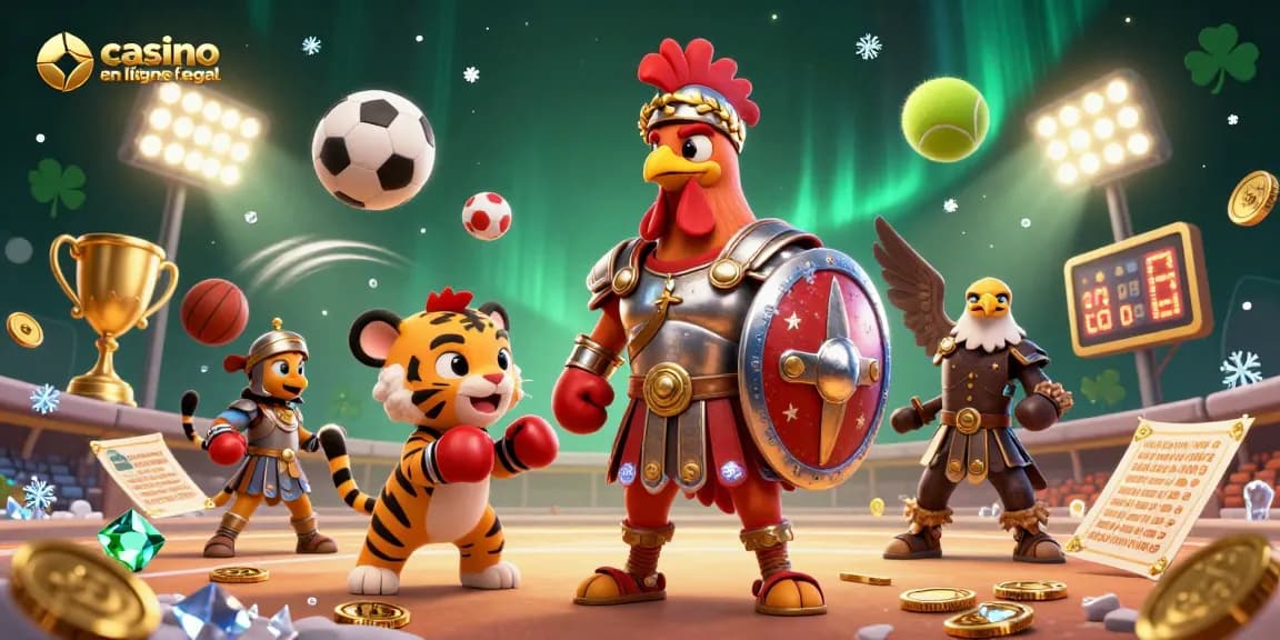 Jouez aux jeux de casino en ligne France légal avec un coq gladiateur aguerri et un tigre cub en entraînement.