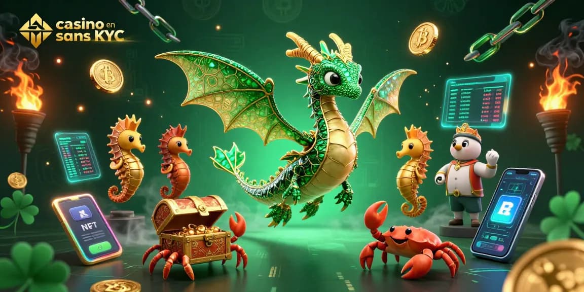 Jouer au casino en ligne sans KYC avec un dragon marin émeraude et des pièces de crypto-monnaie flottantes.