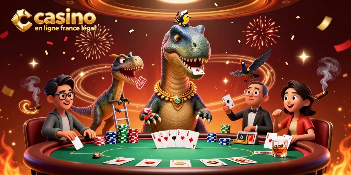 Jouer avec les cartes sur un casino en ligne légal en France, illustré par un dinosaure géant.