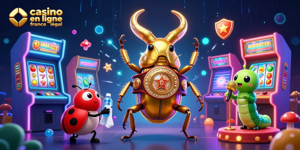 Illustration dynamique de casino en ligne France légal avec un scarabée, une coccinelle et un ver dans une scène de jeu impressionnante.