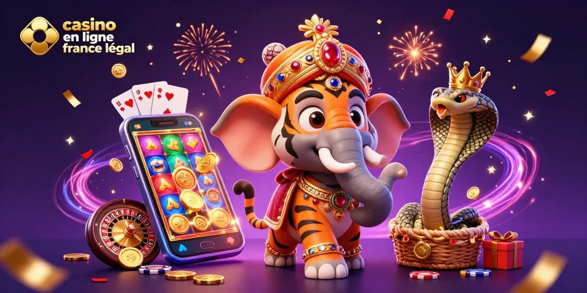 Visualisez le maharaja en tigre et l'éléphant dans une scène de casino en ligne France légal, pleine de jeux et de magie.