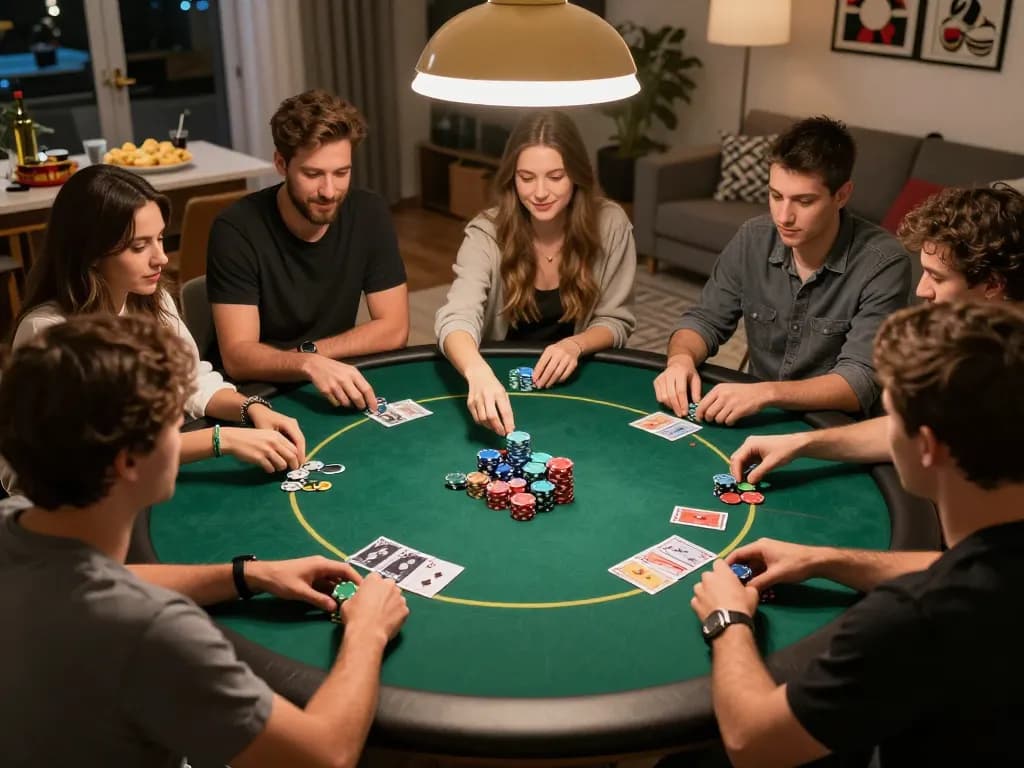 WWBOLA poker players engaging in an exciting game night with vibrant chips and cards on a stylish table.