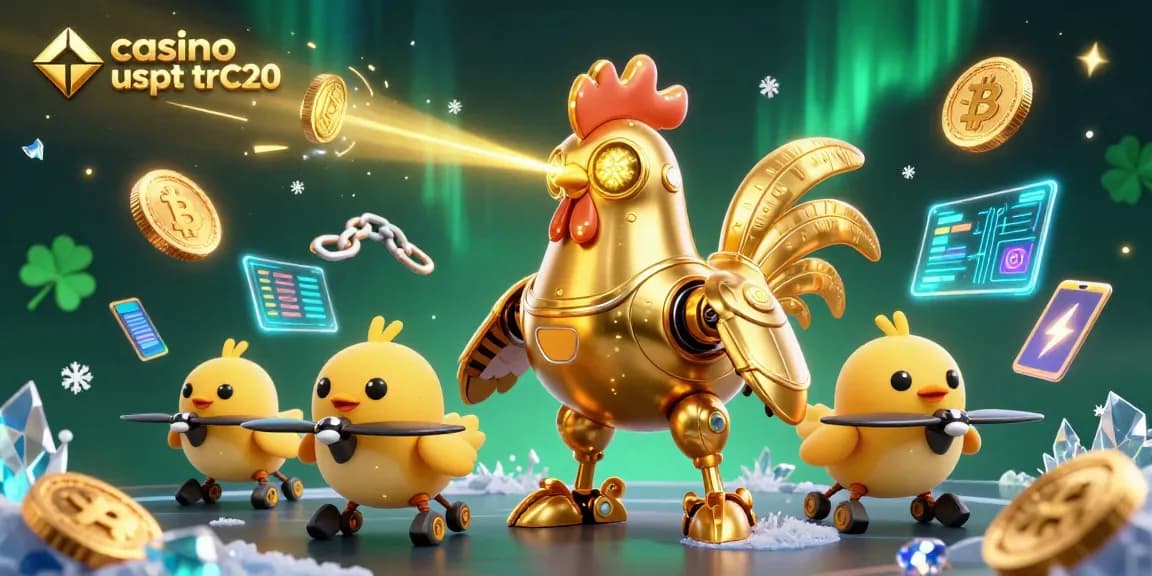 In un casino usdt trc20, il robot gallo d'oro spara raggi laser mentre i droni pulcini lo seguono in un mondo di giochi e criptovalute.
