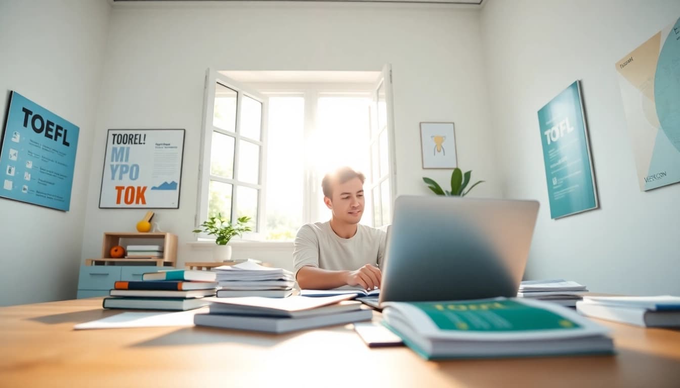 Get TOEFL expert help in a bright study space, featuring organized materials and a focused student.