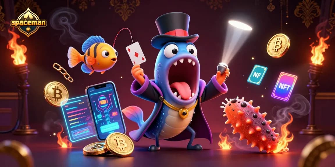 Engage with the spaceman as he performs magic card tricks in a vibrant casino-style scene.