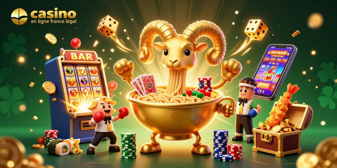 Éprouvez la magie des jeux à "casino en ligne France légal" avec cet affrontement animé entre un bol de ramen et des symboles de jackpot.
