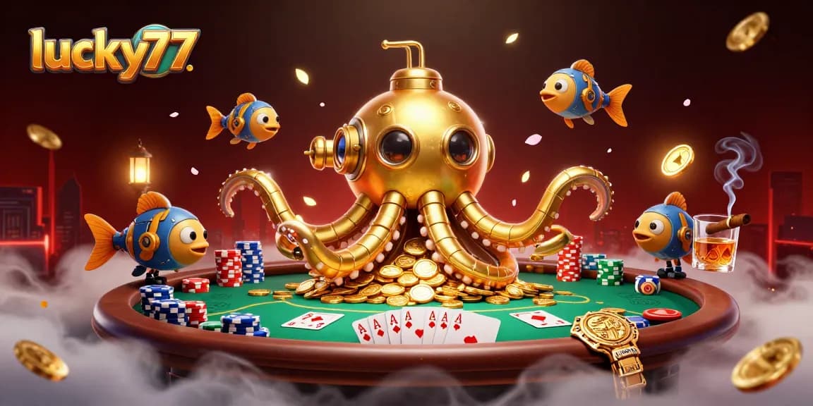 Experience the thrill of poker with lucky77 in a vibrant, ultra-detailed casino scene featuring cards, chips, and golden treasures.