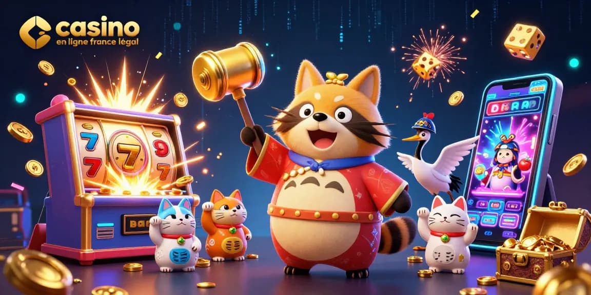 Illustration 3D représentant un tanuki joyeux célébrant les casinos en ligne légaux en France avec des éléments de jeux dynamiques.