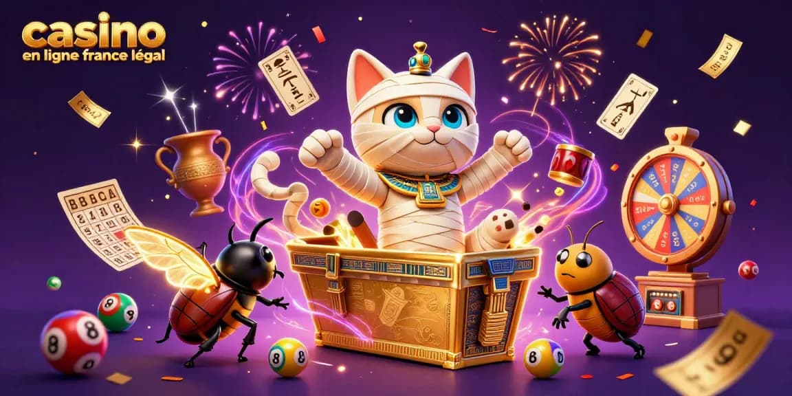 Regardez ce visuel dynamique de casino en ligne France légal avec un chat momie et des éléments de bingo.