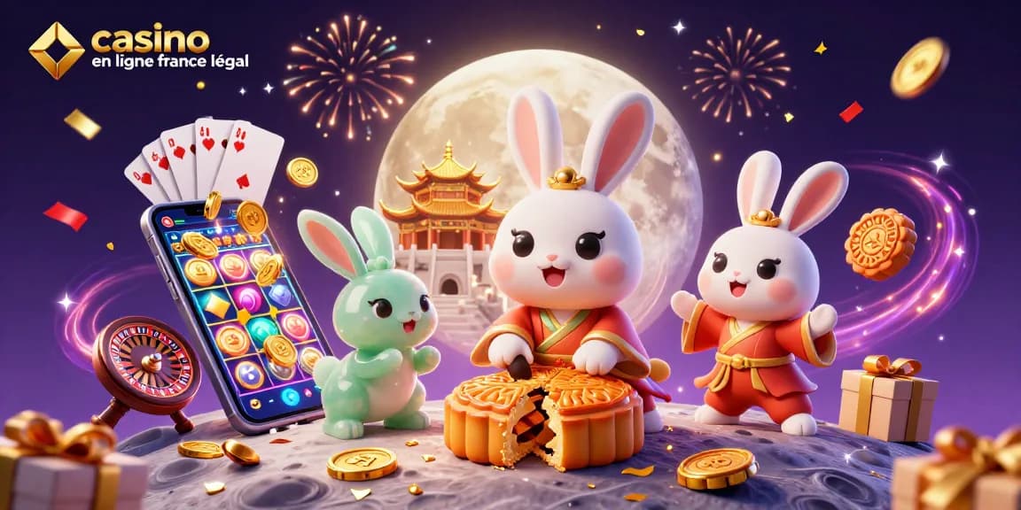 Illustration festive du concept de casino en ligne légal en France avec un lapin de lune et des jetons de poker.