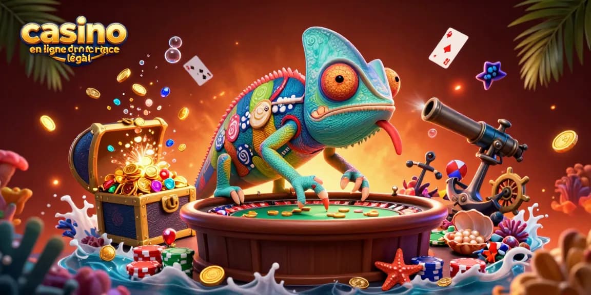 Exploration du casino en ligne france légal avec un caméléon et des éléments de jeu colorés.