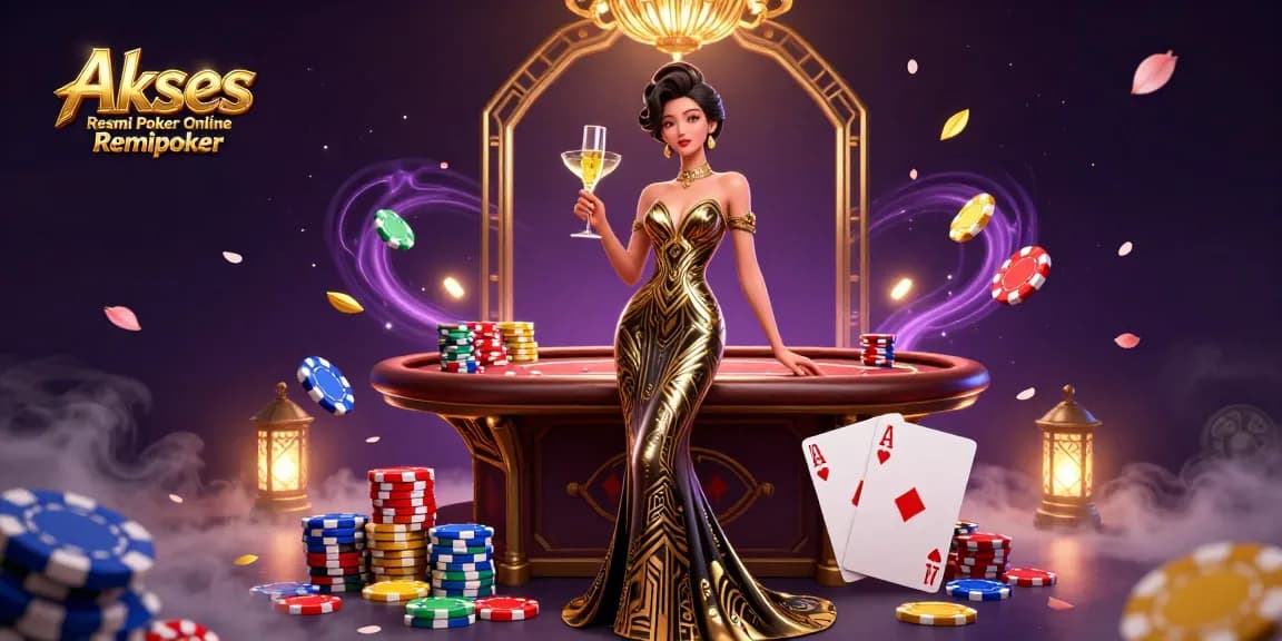 Akses Resmi Poker Online Remipoker showcases an elegant Asian woman in a glamorous casino setting with dynamic poker elements.