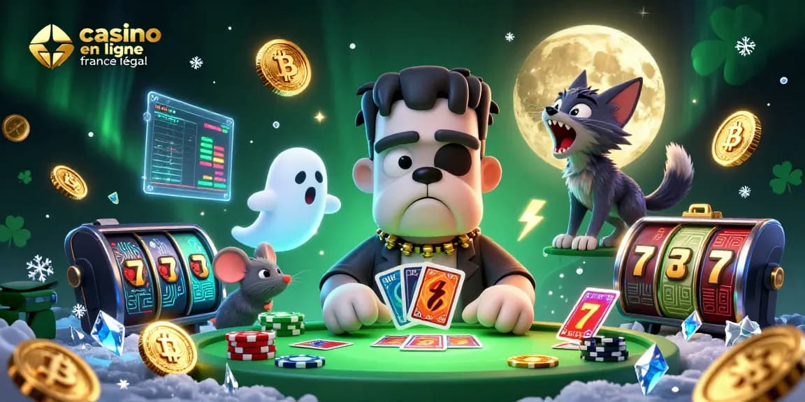 Une scène de casino en ligne France légal avec un bulldog Frankenstein et un chat-loup, et des pièces de crypto-monnaie scintillantes.