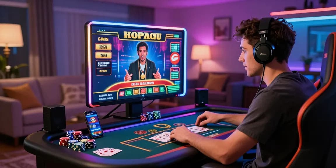 Scène de jeu passionnante de casino en ligne avec un joueur s'engageant dans des jeux virtuels et des lumières LED colorées créant une ambiance palpitante.
