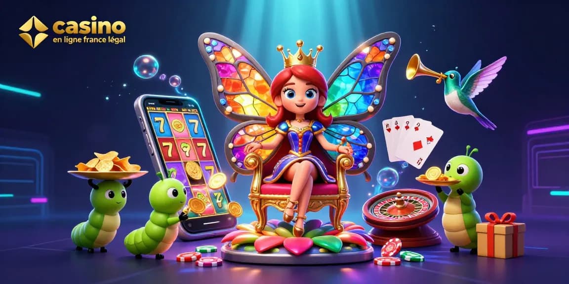 Illustration dynamique de la reine papillon avec des éléments de casino en ligne France légal, un univers coloré de jeux d'argent.