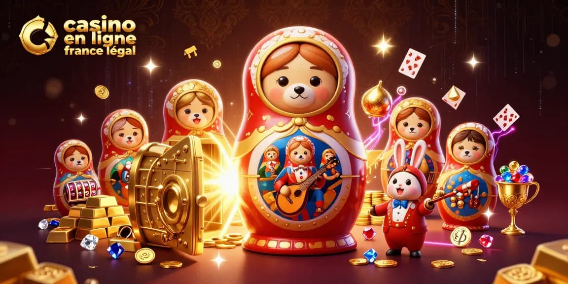 Un spectacle captivant de casino en ligne légal France avec des ours Matryoshka jouant des cartes et des trésors scintillants.