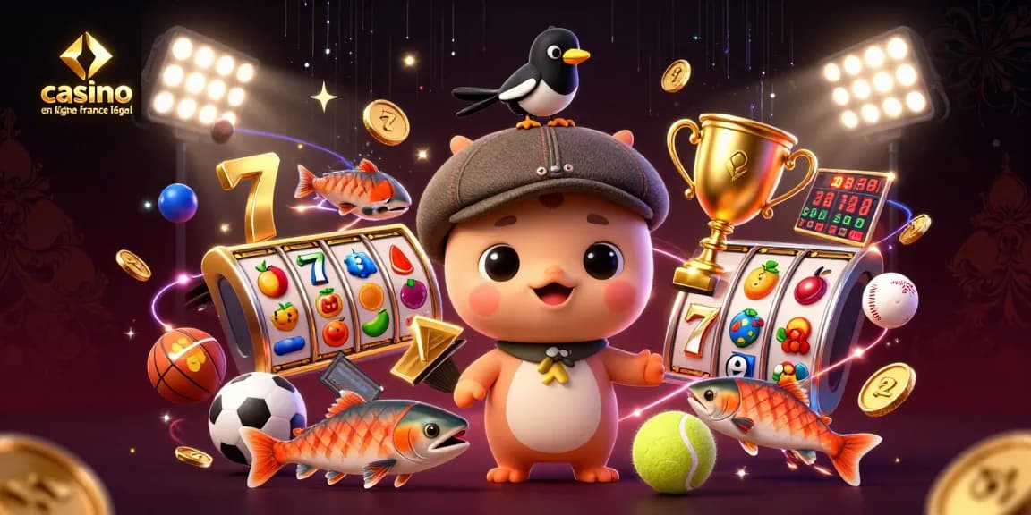 Illustre le casino en ligne France légal avec une scène ludique d'une créature sous-marine et des éléments de jeu dynamique.