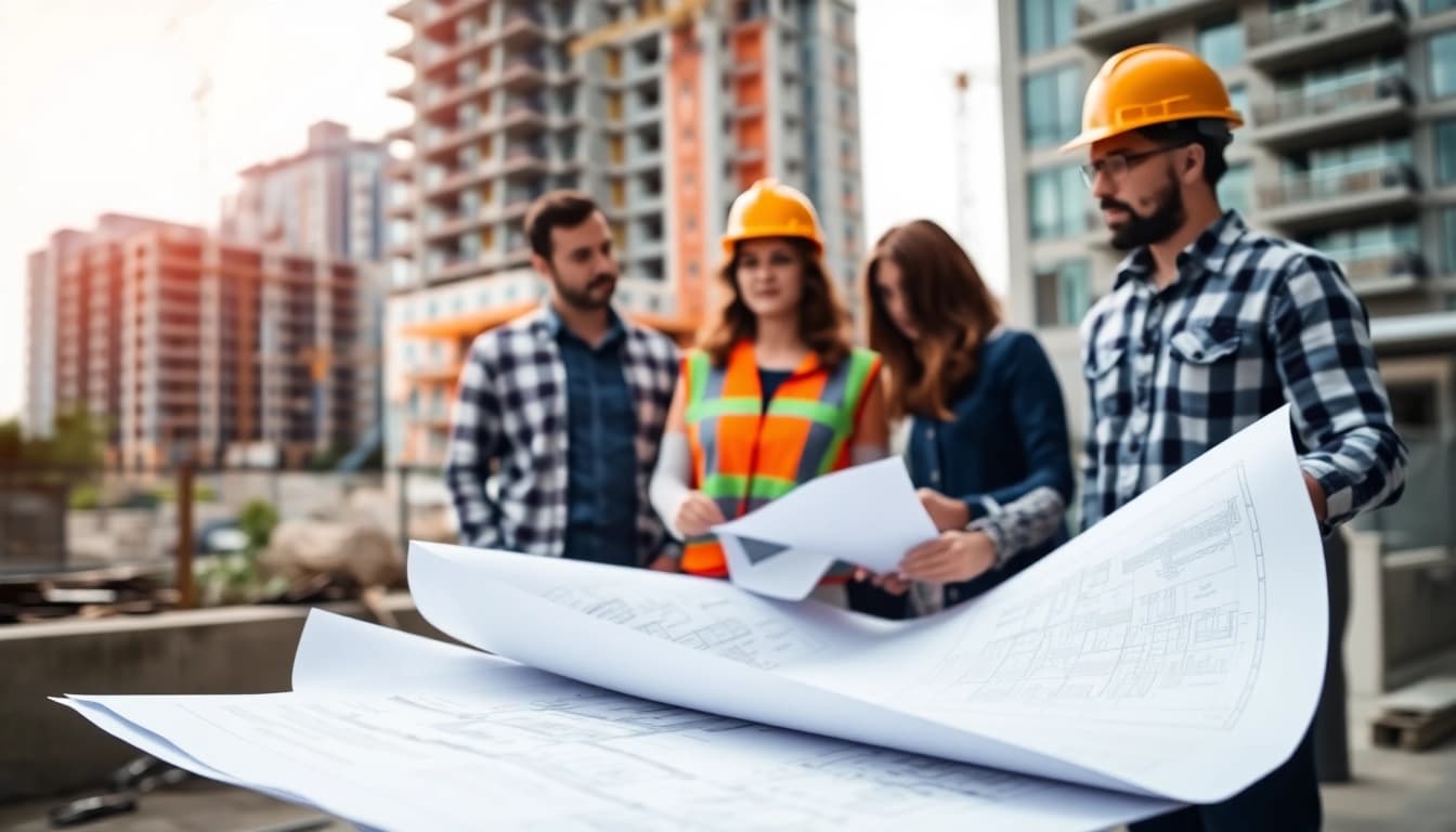 Exploring construction design services with architects reviewing blueprints at a construction site.