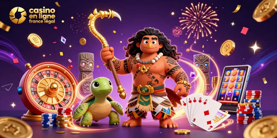 Animation colorée de casino en ligne France légal, avec un dieu polynésien et des éléments de jeu brillants.