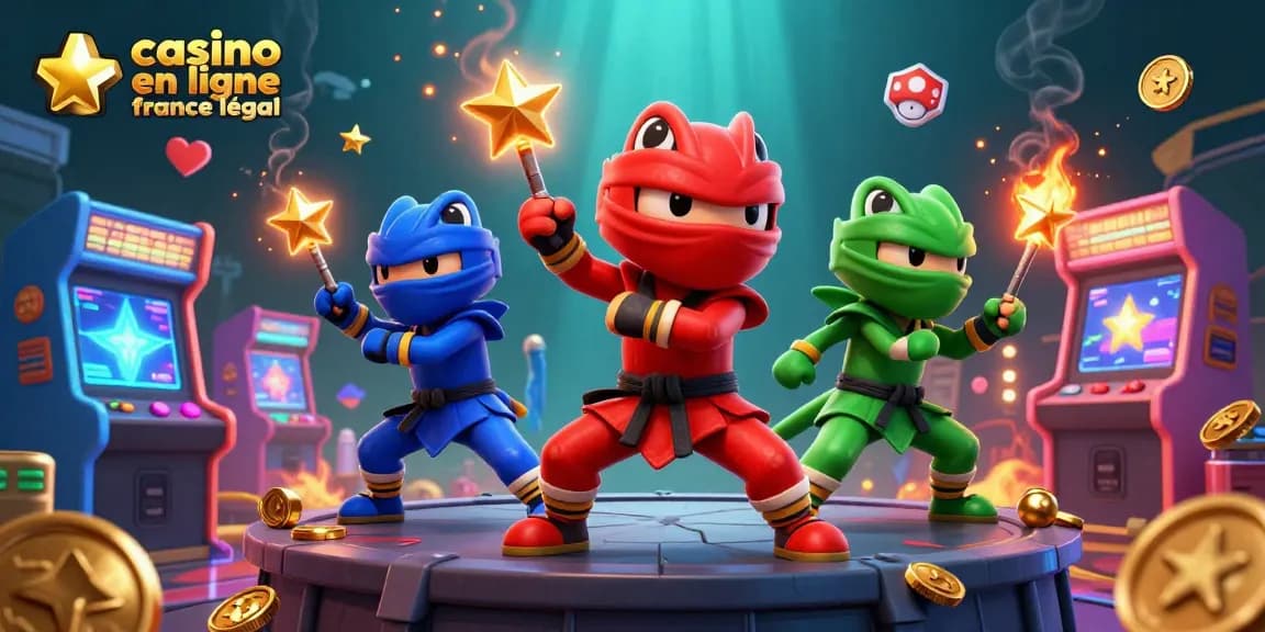 Illustration dynamique de l'équipe chameleon ninja représentant casino en ligne france légal avec des machines de jeu colorées.