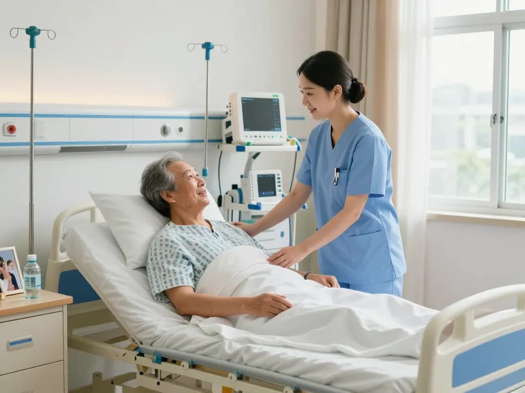 Patient bed (giường bệnh nhân) in a comforting hospital room with a nurse caring for an elderly patient, highlighting healthcare professionalism.