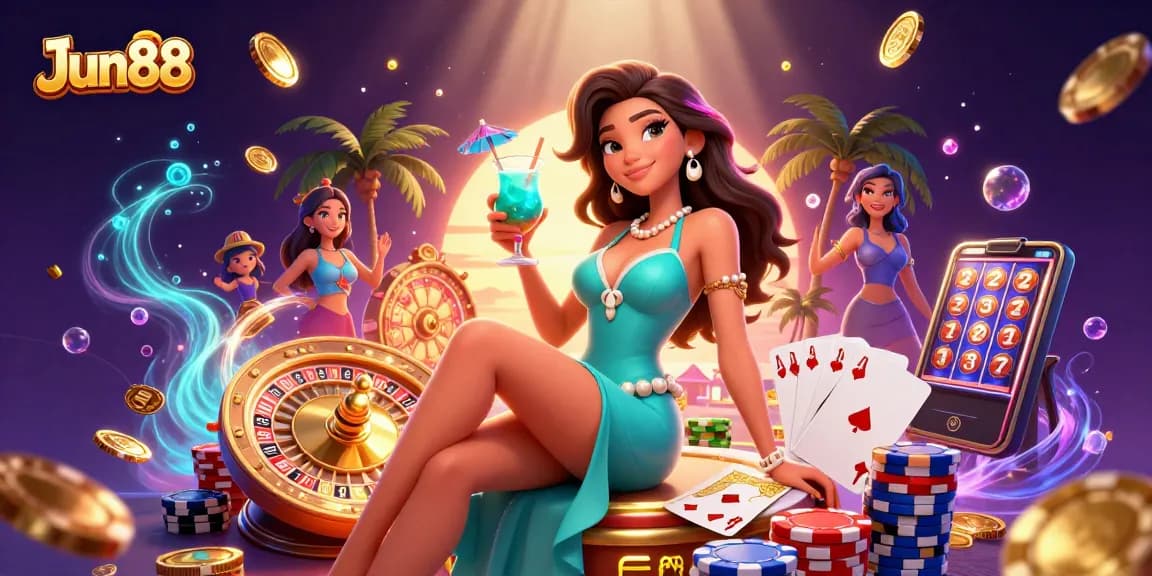 Experience thrilling gaming at Jun88 with a glamorous Asian woman in a vibrant casino setting.