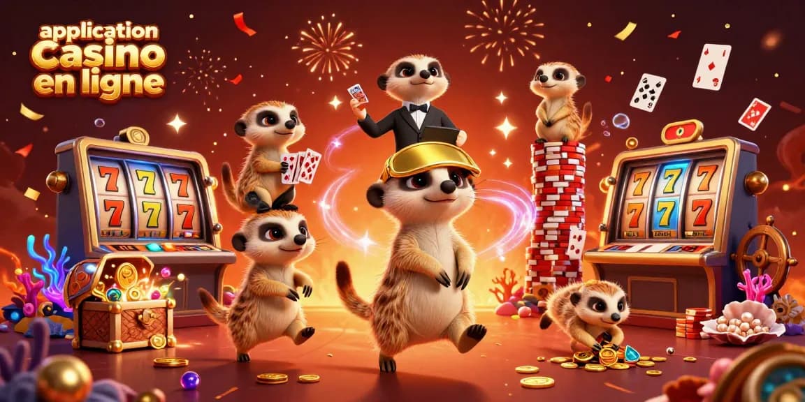Plongez dans le monde de l'application casino en ligne avec cette illustration dynamique des meerkats gérant un casino.
