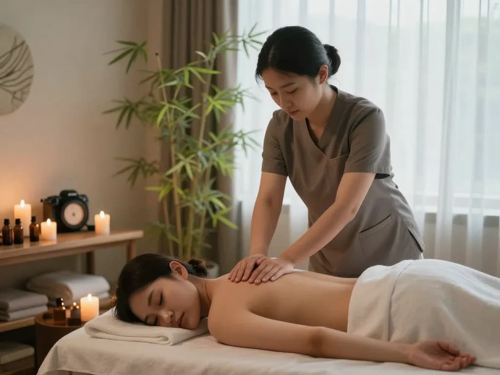 편안한 장식과 전문 치료사가 있는 강남스웨디시 마사지 치료의 고요한 분위기.