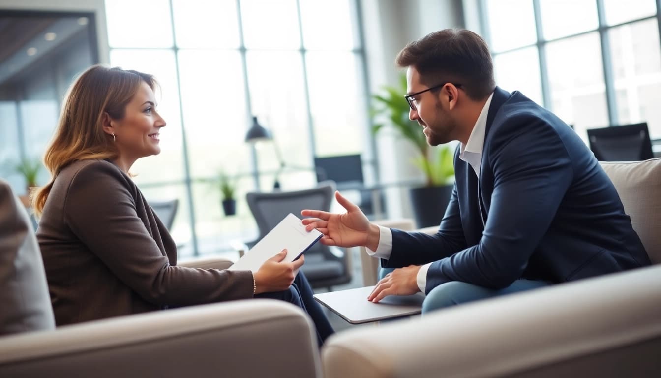 Engaged session with a business coach near me guiding a client in a modern office.