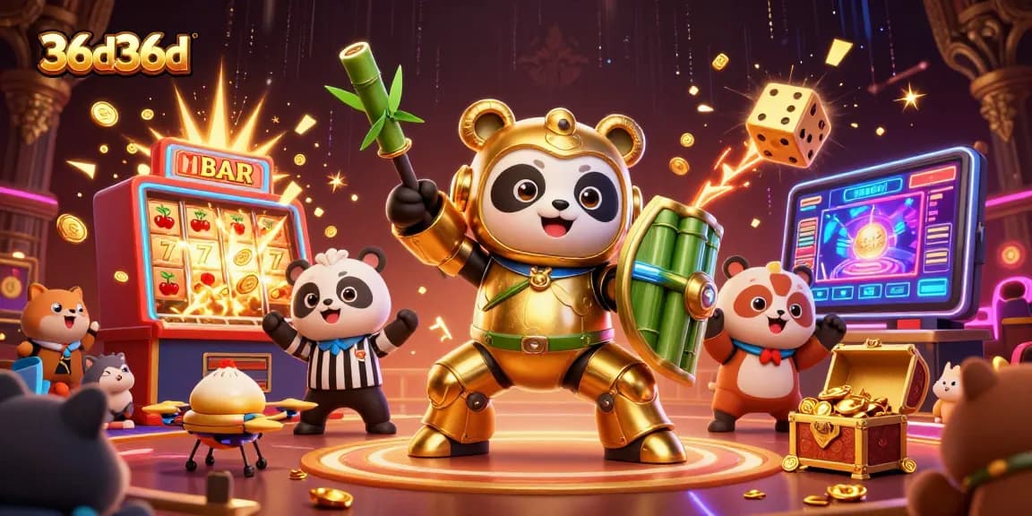 36d36d apresenta um panda dourado em um robô de luta em um cenário de cassino vibrante.