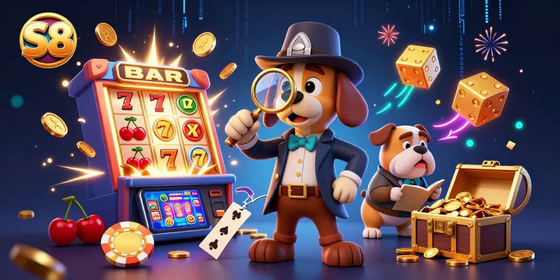 S8 online casino featuring a detective bloodhound and bulldog uncovering poker clues amidst jackpot excitement.