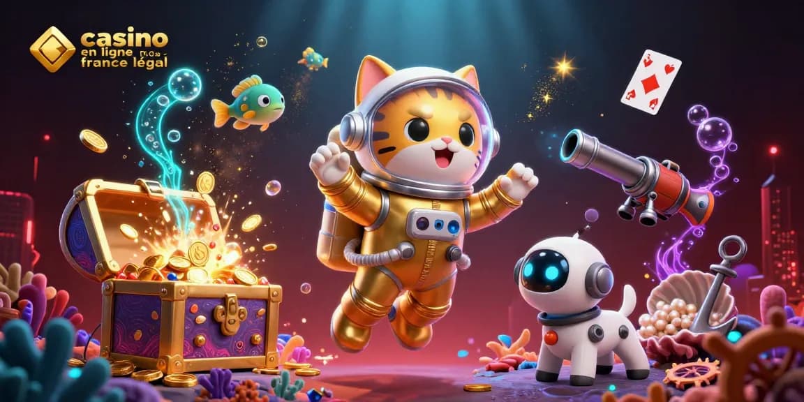Découvrez le monde des jeux avec casino en ligne France légal, illustré par un chat astronaute et un chien robot.