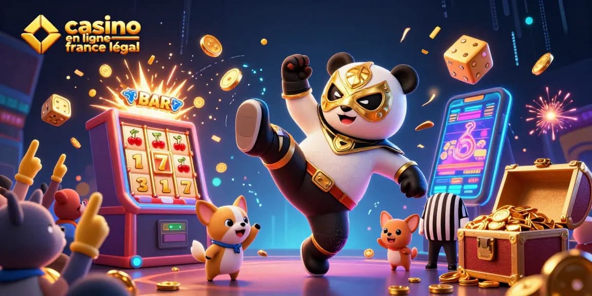 Illustration dynamique de casino en ligne France légal, avec un panda, un chihuahua, et un public animal enthousiaste.