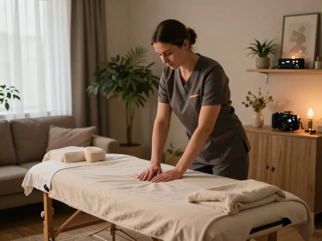 russiamobilemassage.com의 치료 서비스를 보여주는 편안한 홈 마사지 설정.
