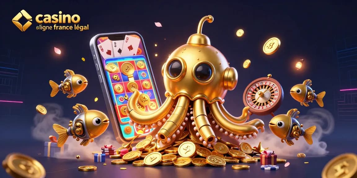 Plongez dans l'univers des jeux en ligne légaux avec casino en ligne France légal, illustré par un kraken doré et des éléments de jeux captivants.