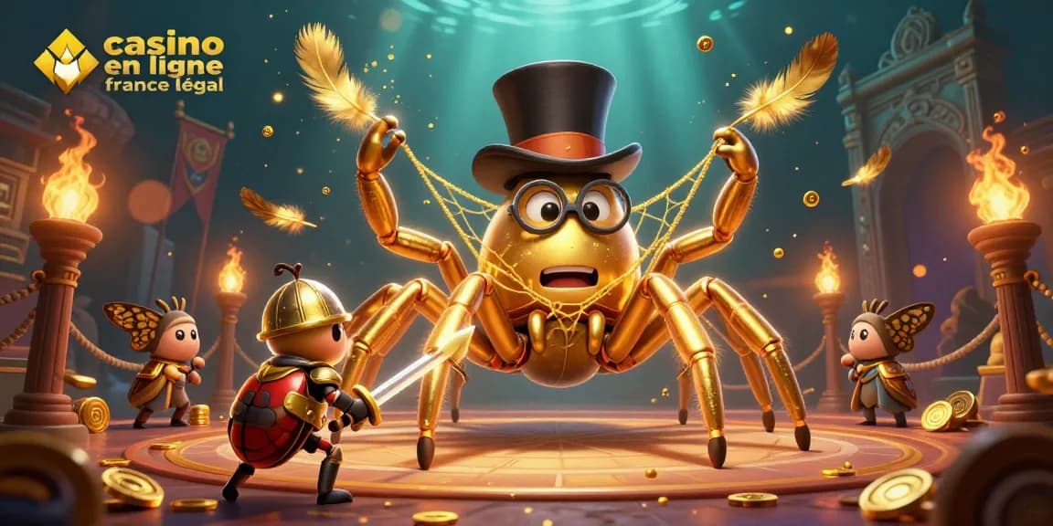 Visualisez une scène captivante de casino en ligne France légal avec une tarentule d’or et un chevalier scarabée.