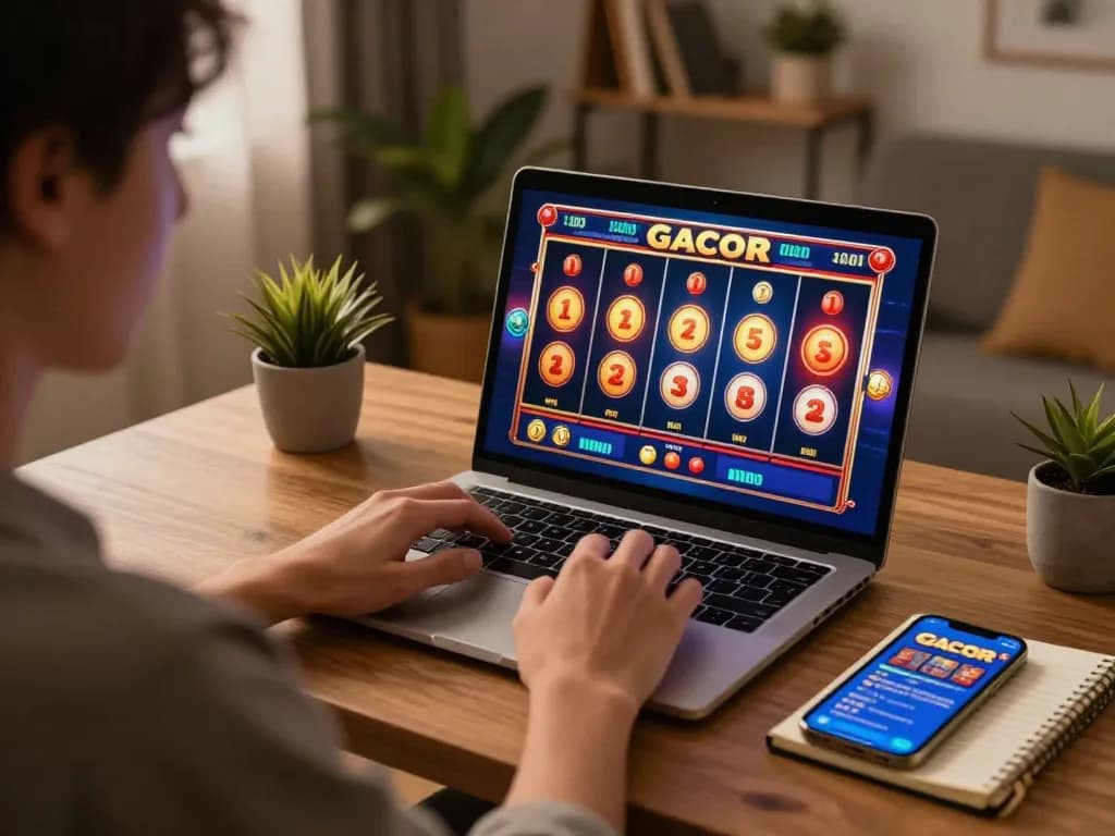 Player engaging with slot gacor games on a laptop, strategizing in a cozy home environment.