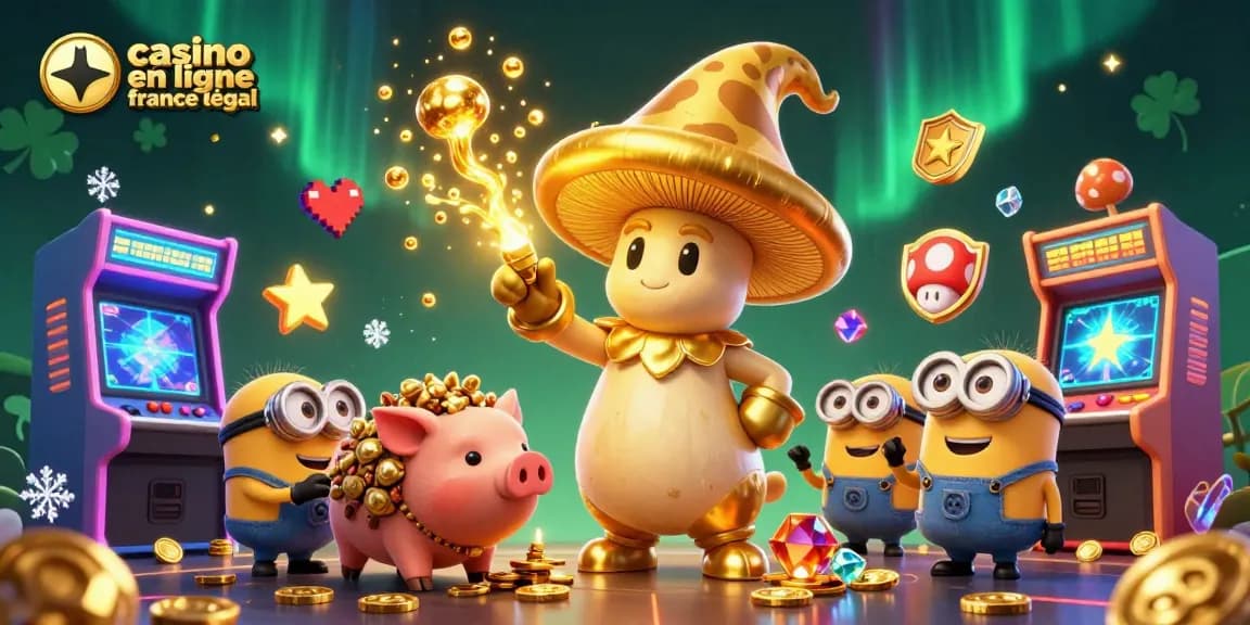 Illustration captivante d'un casino en ligne France légal avec un mage champignon doré et des trésors à chercher.