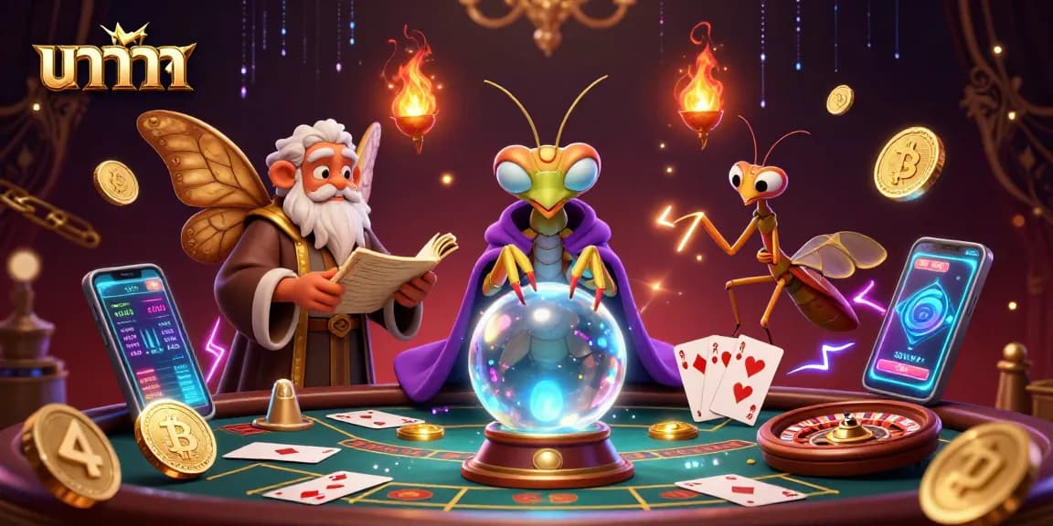 Engage with บาคาร่า at the casino through an illustrated scene featuring a fortune teller and playing cards.