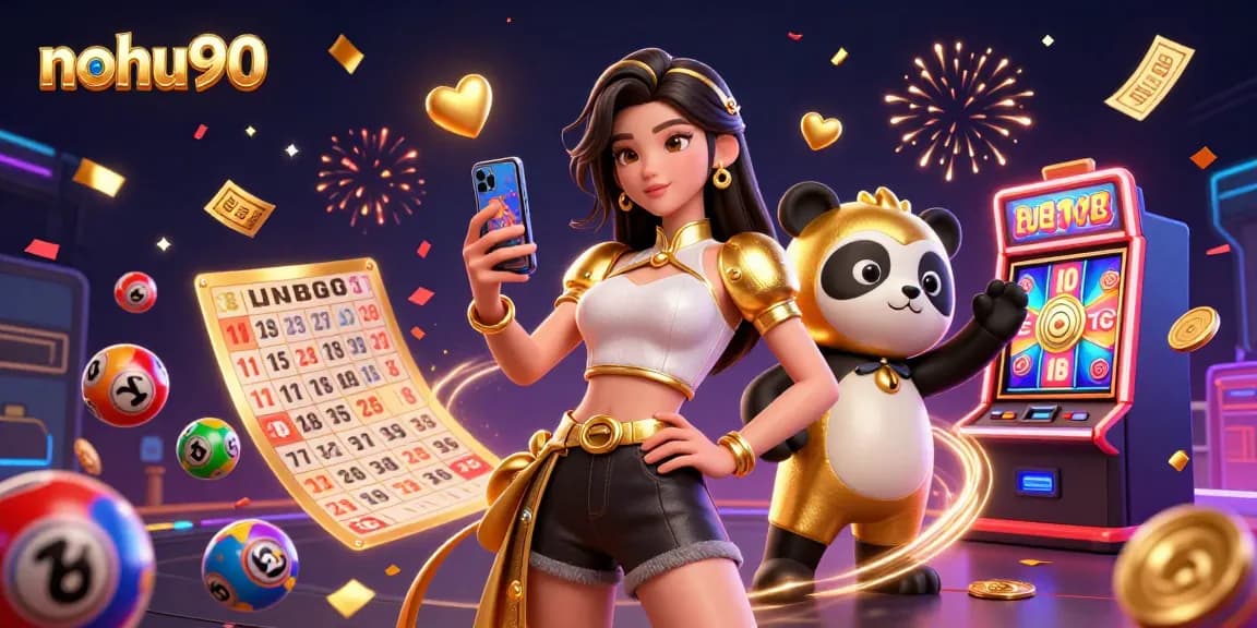 Play slots and win at nohu90 with a vibrant illustration of an Asian woman and a golden panda.
