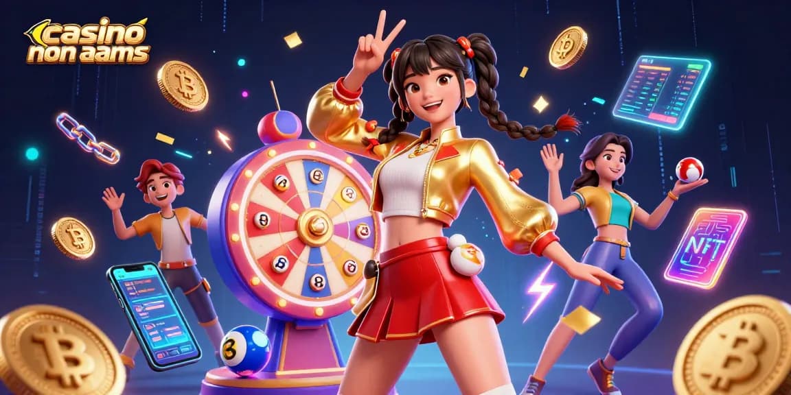 Interagisci con i casino non AAMS attraverso un'illustrazione energica che mostra una donna asiatica circondata da elementi di gioco vibranti.