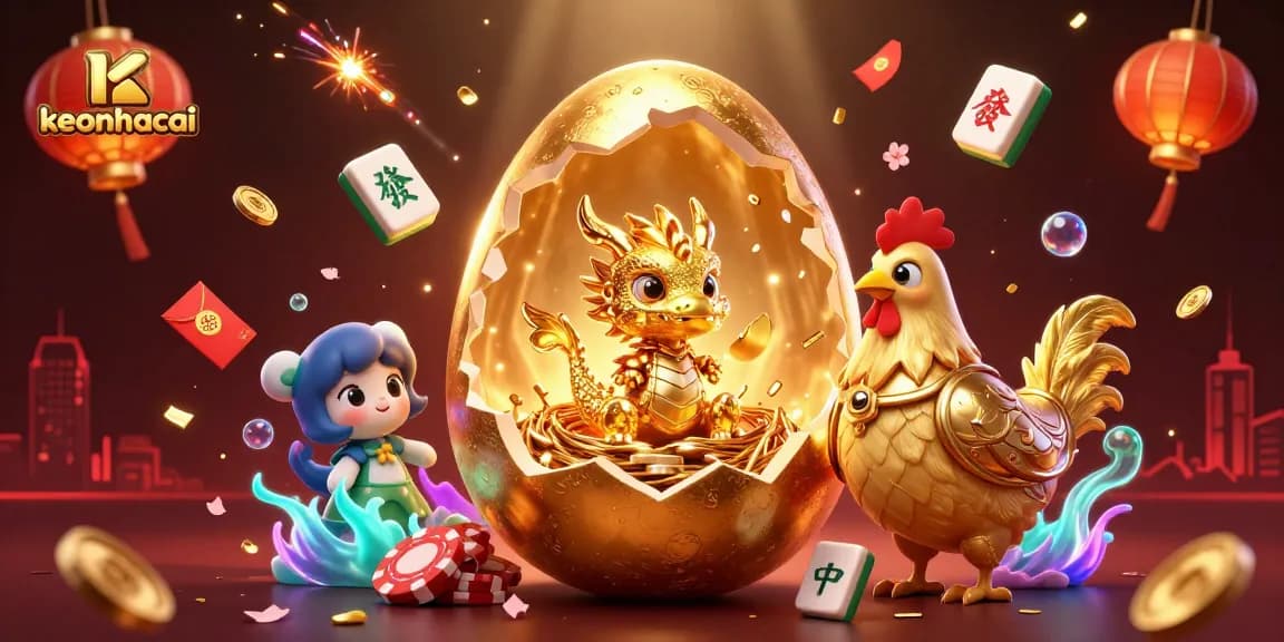 Engage with keonhacai's dynamic 3D illustration, showcasing a golden dragon in a vibrant casino setting.