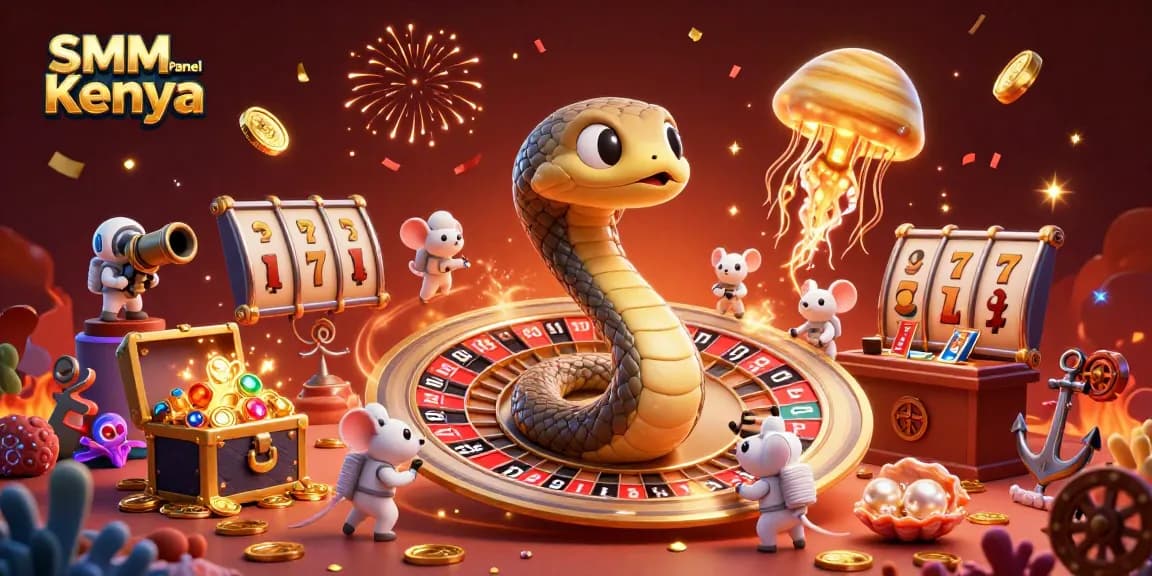 SMM Panel Kenya enhances social media engagement, featuring vibrant casino-themed elements in a dynamic 3D illustration.