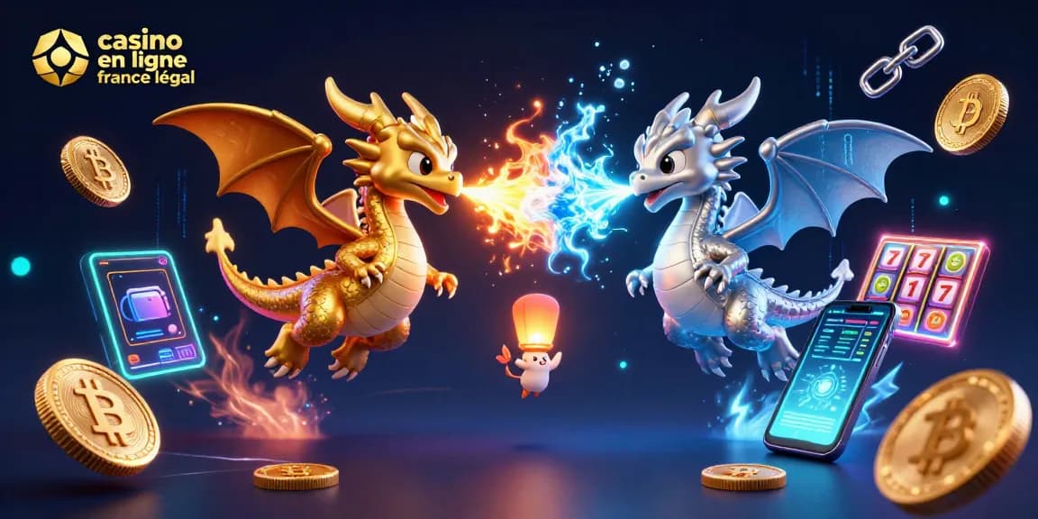 Célébrez votre expérience avec le casino en ligne légal en France en découvrant des dragons en 3D parmi des éléments de jeu scintillants.